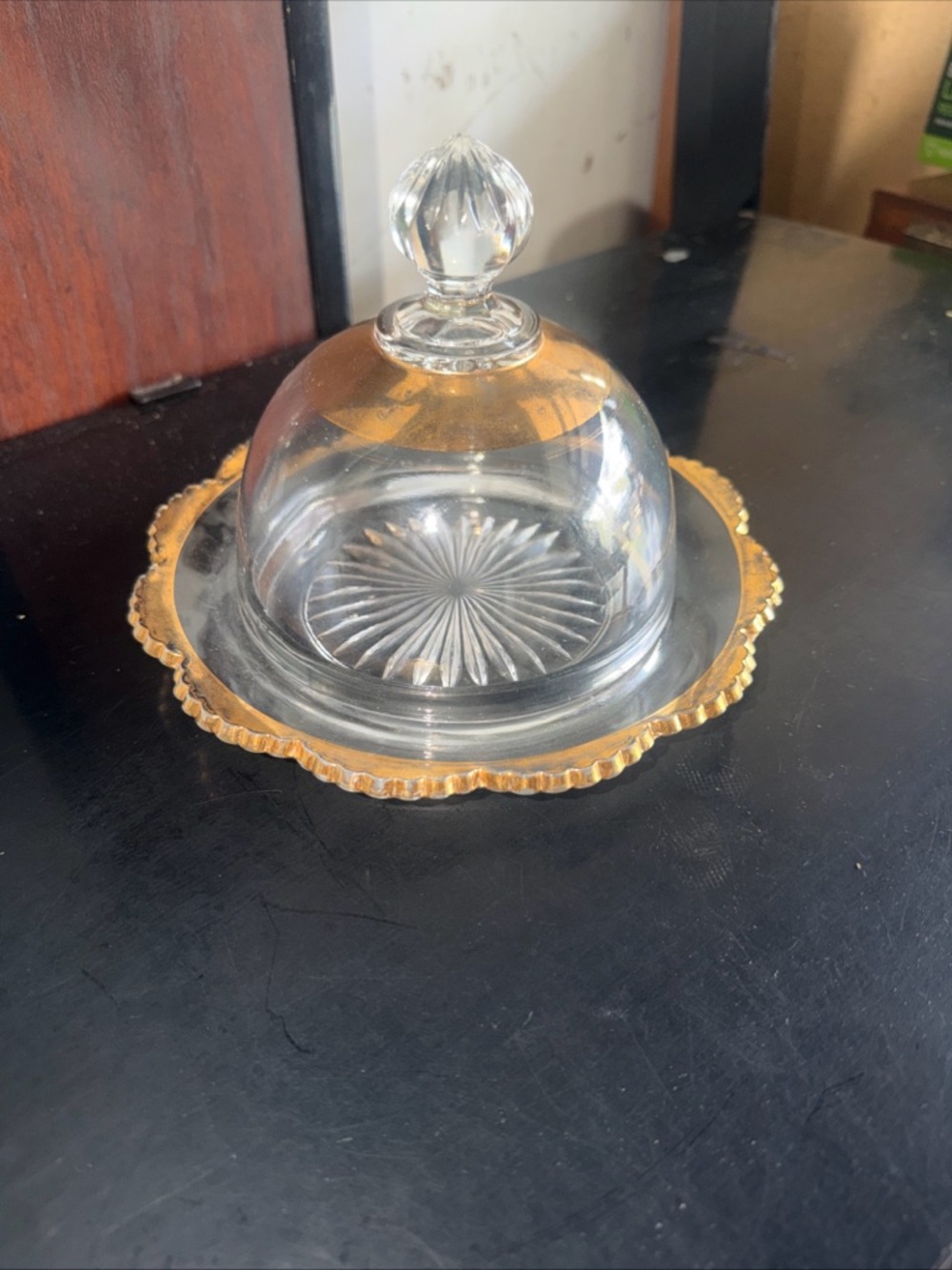 Glass Cloche Butter Dish with Gold Rim